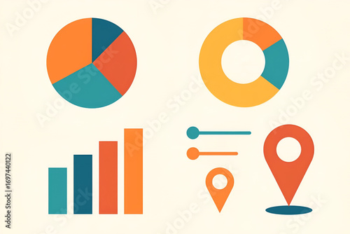 Colorful infographic set with pie chart, bar chart, doughnut chart, location pins