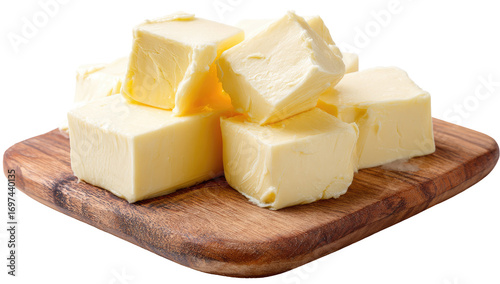 Cubes of pale yellow butter on a light brown wooden cutting board