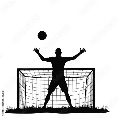 Goalkeeper silhouette in front of goal with ball Keywords: soccer, football, goalkeeper, goalie