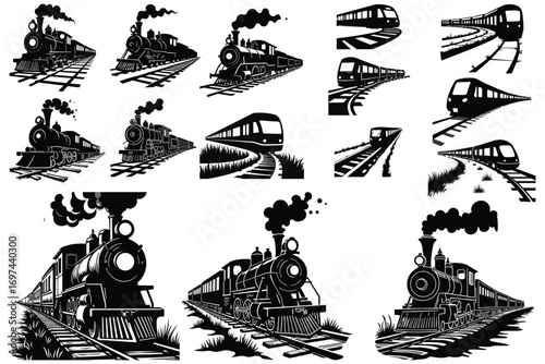 Collection of black train silhouettes on railway tracks