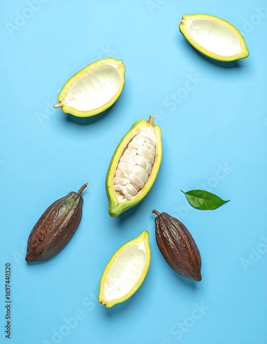 Freshly harvested cocoa pods, split open to reveal the white cocoa beans nestled within, arranged artistically on a vibrant blue background.