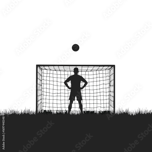 Goalkeeper Silhouette in Goal with Ball Overhead Keywords: soccer, football, goalkeeper, goalie