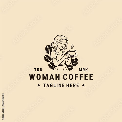 Woman coffee logo vector hipster vintage template design