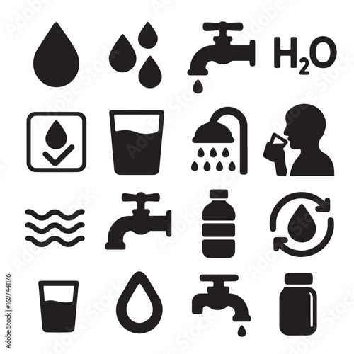 Water icons set droplet faucet shower bottle and glass