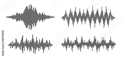 Sound Waveforms Set, Audio Frequency, Musical Pulse, Equalizer, Black Isolated Vector Illustration