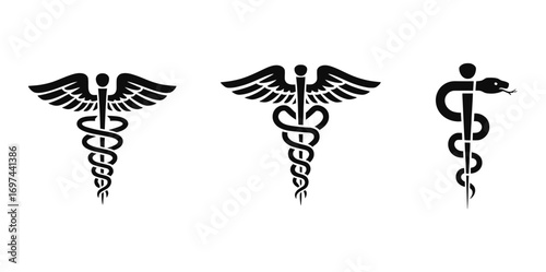 Medical Symbol Set – Caduceus and Rod of Asclepius Icons Isolated on White Background