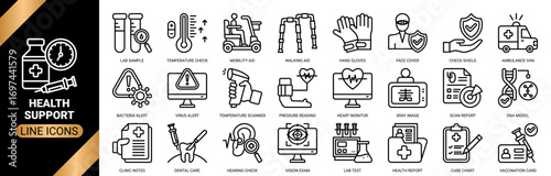 Health support icon set collection in outline style. an icon pack containing icons of vaccine dose, heart monitor, dental care, temperature check and more.