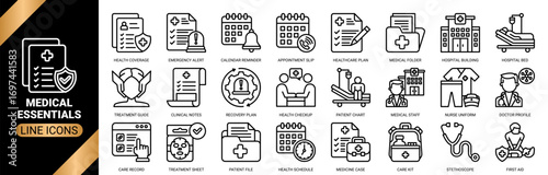 Medical essentials icon set collection in outline style. an icon pack containing icons of hospital building, stethoscope tool, first aid, hospital bed and more.