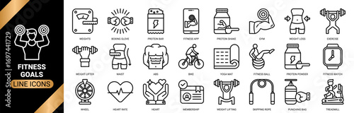 Fitness goals icon set collection in outline style. an icon pack containing icons of  gym, workout, weight lifting, treadmill and more.