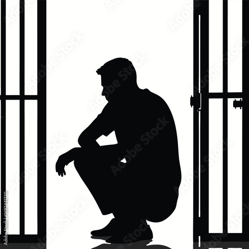 Man crouching inside open jail cell silhouette person