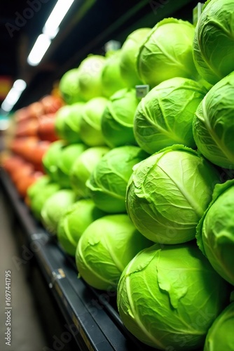 Fresh, green cabbages stacked high on supermarket shelves, ready for purchase Crisp leaves, vibrant color, healthy and organic produce Perfect for soups, salads, and stir-fries , diet, cooking