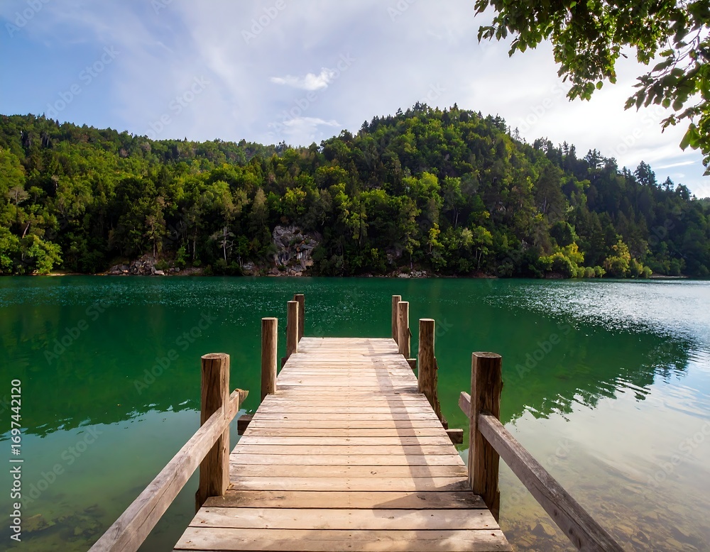 Naklejka premium Wooden pier extending into a tranquil lake, surrounded by lush green hills