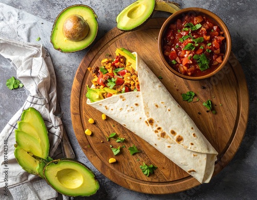 Flat Lay of Breakfast Burrito with Avocado and Salsa