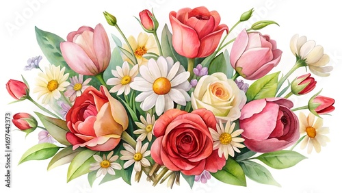 Watercolor Garden Bouquet With Roses Tulips And Greenery