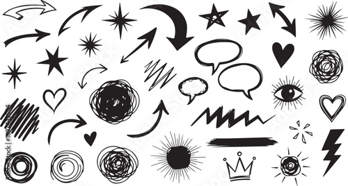 A collection of hand-drawn vector doodle and scribble elements for creative design.