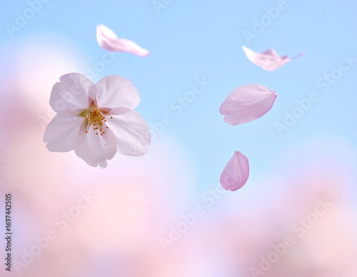 Floating Pink Flower Petals Against a Soft Blue Sky