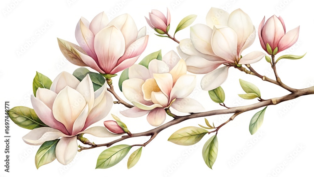 Obraz premium Watercolor Magnolia Branch With White And Blush Petals