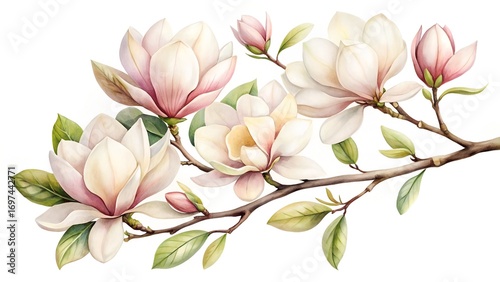 Watercolor Magnolia Branch With White And Blush Petals