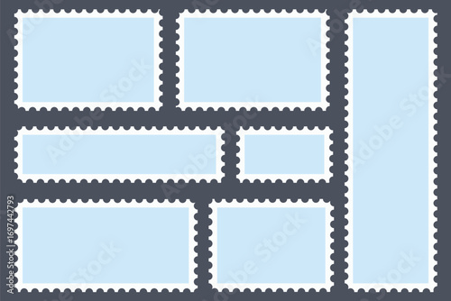 Blank post stamp. Postage frame form, vintage empty postcard stamp frame with perforated border, mail delivery sticker template. vector illustration eps 10.