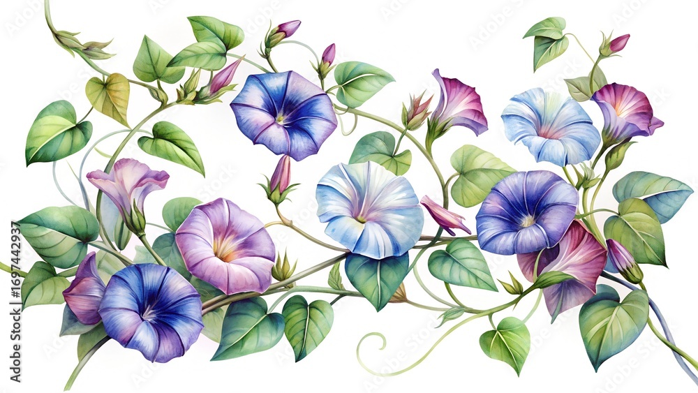 Obraz premium Watercolor Morning Glory Vines With Delicate Blooms