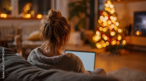 Young woman working on laptop in cozy living room during Christmas  
