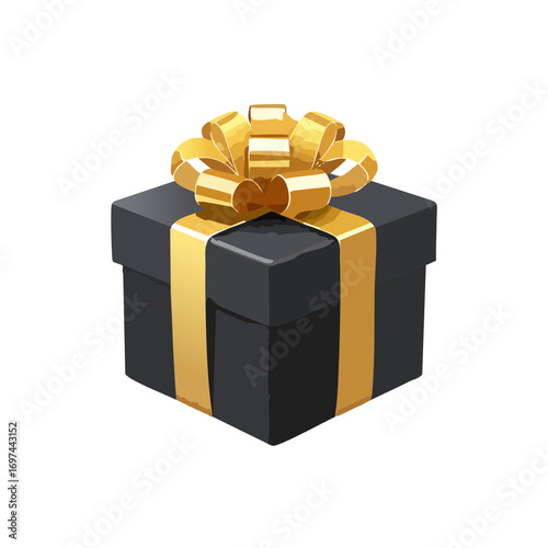Square black gift box with golden ribbon vector isolated white background