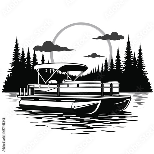 Pontoon boat on water with forest and sun outline Keywords: pontoon boat, watercraft, lake