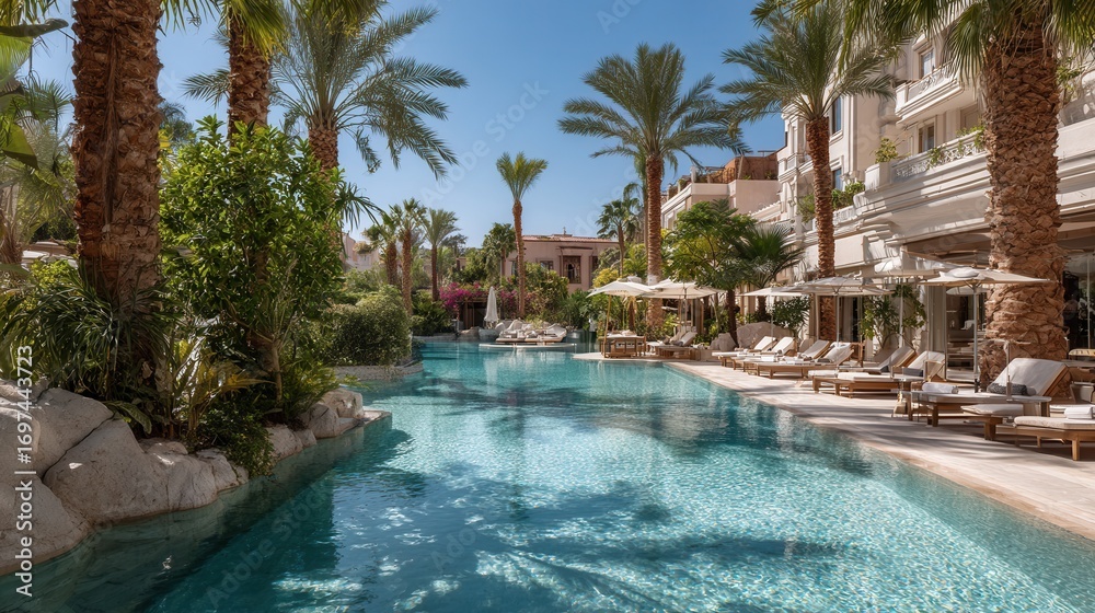 Fototapeta premium Sunbeds near crystal-clear pool, no people