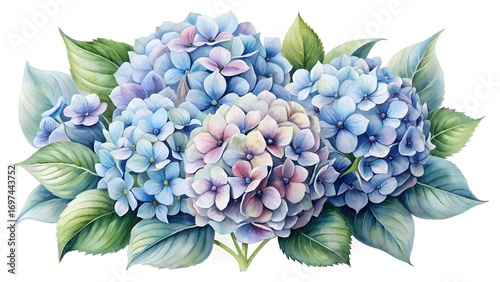 Blooming Watercolor Hydrangea Cluster In Pastel Blue