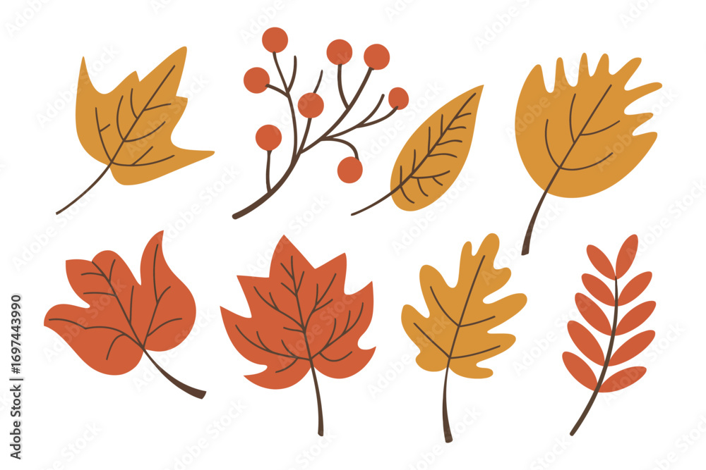 Fototapeta premium Autumn Leaves and Berries Collection – Hand-Drawn Fall Leaf Vector Set in Warm Colors