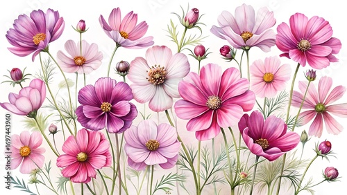 Botanical Watercolor Cosmos Flowers In Pink And Purple