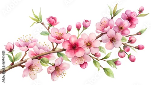 Delicate Watercolor Cherry Blossom Branch With Pink Blooms