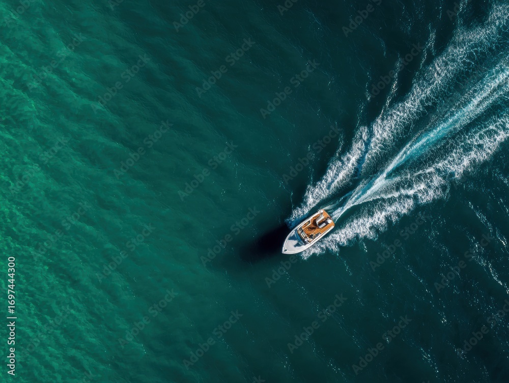 Naklejka premium Premium Aerial Speedboat on Open Water for Pool Professional Day and Summer Solstice with Fourth of July Vibes, Inspiring Millennial Adventure Marketing Content
