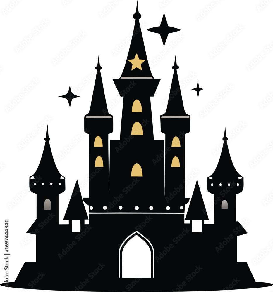 Obraz premium Vector fantasy castle silhouette with gold accents