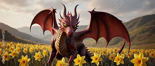 welsh red dragon celebrating saint david's day amongst vibrant daffodil flowers in nature | holiday, festival, nature, culture, greeting theme