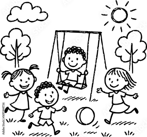 Black and white crayon-style vector of children playing in park, playful doodle and naive art style