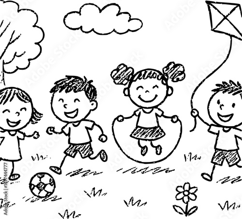 Black and white crayon-style vector of children playing in park, playful doodle and naive art style