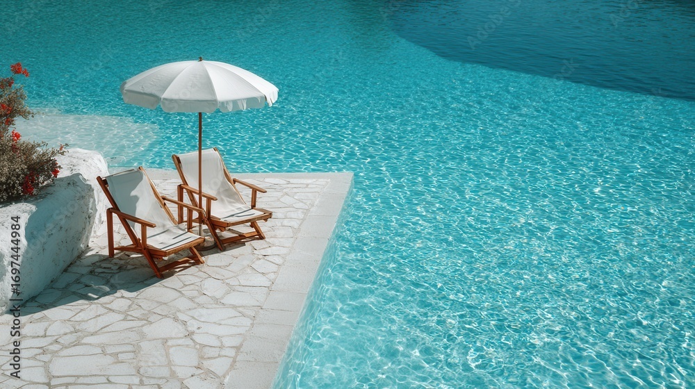 Fototapeta premium Sunbeds near crystal-clear pool, no people