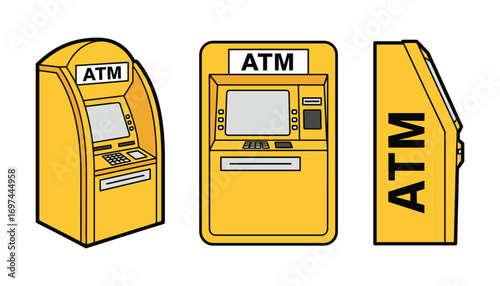 Yellow ATM Machine Three Views Vector Illustration, Automated Teller Machine Icon Set Isolated