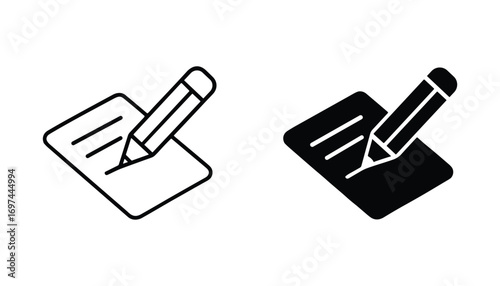 Writing on Paper with Pencil Icons in Black and White Vector Illustration