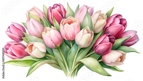 Romantic Watercolor Tulip Bouquet In Soft Pink Shades