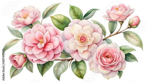 Soft Watercolor Camellia Blossoms In Pale Pink