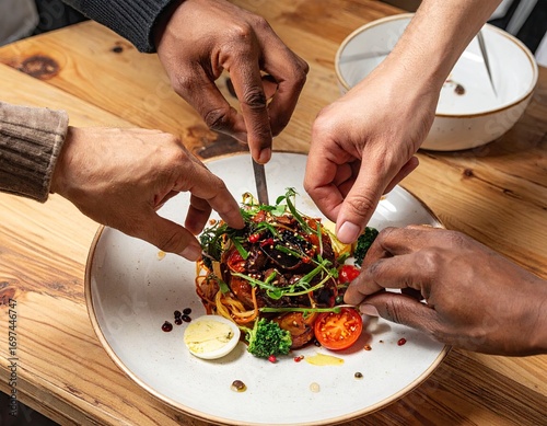 Four Hands Sharing a Gourmet Dish on Rustic Wooden Table