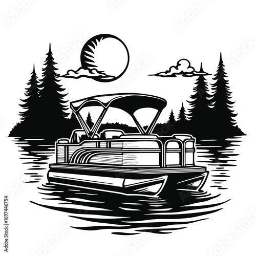Pontoon boat on water with trees and sun Keywords: pontoon boat, water, lake, river, ocean, sea