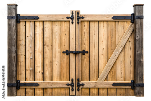 Old rustic wooden garden gate with black metal forged hinges isolated with transparent background