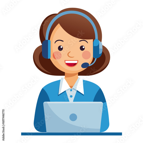 Cartoon illustration of a woman with headset working on a laptop