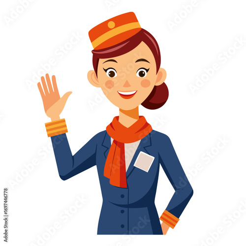 Friendly flight attendant waving with a warm smile and professional attire