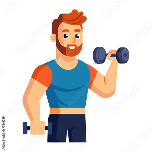 A muscular man is lifting dumbbells during a workout session, focusing on building strength