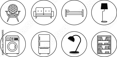 Home and furniture icons set, including chair, sofa, bed, floor lamp, washing machine, refrigerator, desk lamp, bookshelf.