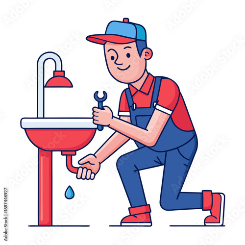 A plumber fixing a sink with a wrench, , working on a plumbing problem